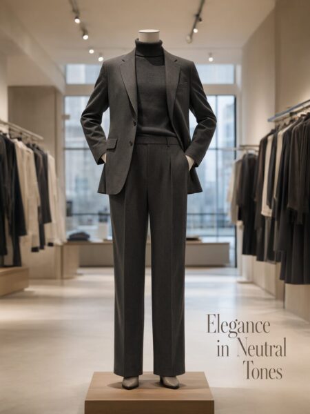 Monochrome Tailored Ensemble Display Mannequin displays charcoal gray tailored suit with turtleneck in minimalist boutique with neutral tones and clothing racks.