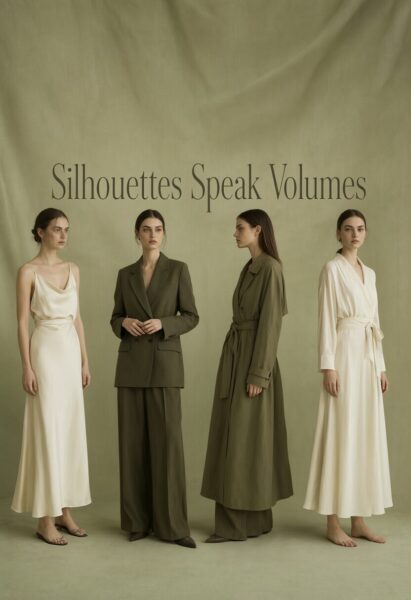 Elegant Minimalist Fall Collection Four models pose in minimalist fall attire against a muted green backdrop, showcasing elegant silhouettes in cream and olive tones.