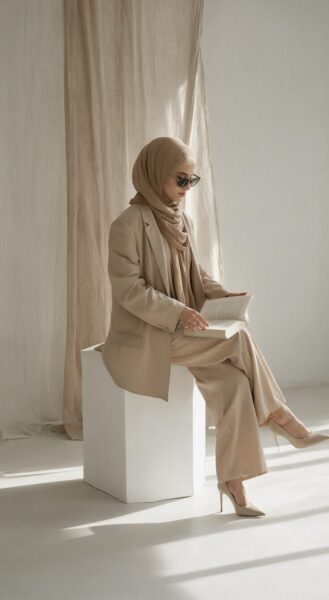 Elegant White Suit Reading Pose A woman wearing a beige hijab, blazer, trousers, and heels reads a book while seated on a white cube in a sunlit room with curtains.