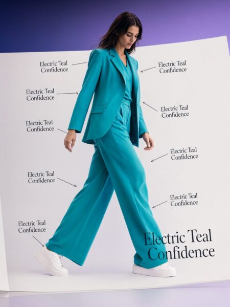 Confident Stride In Electric Teal A woman strides confidently in an electric teal suit on a white platform, surrounded by repeated text labels reading 'electric teal confidence'.