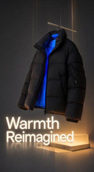Floating Black Puffer Jacket A black puffer jacket floats on a minimalist stand, revealing blue lining, under warm lighting with 'warmth reimagined' glowing below.