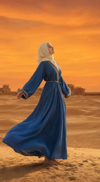 Ethereal Flow In Desert Light A woman in a flowing blue dress and cream hijab stands barefoot on sand dunes under an orange sunset sky.