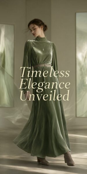 Elegant Velvet Evening Ensemble A woman wears an elegant sage green velvet evening gown with long sleeves and belt, standing in soft-lit room with draped fabric.
