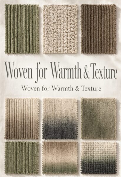 Textured Knit Swatches In Earthy Tones Nine textured knit fabric swatches in earthy tones displayed on a neutral background with central slogan.