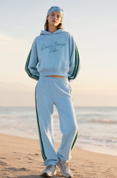 Coastal Cool Cropped Tracksuit A model wears a light blue cropped tracksuit with green side stripes on a sandy beach at sunset.