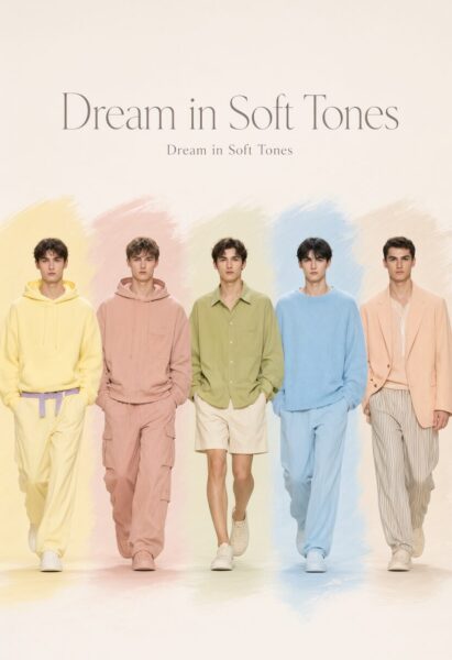 Soft Hues Men&Amp;#8217;S Runway Showcase Five male models walk down a runway wearing pastel-colored outfits including hoodies, shirts, sweaters, and suits against soft brushstroke backgrounds.