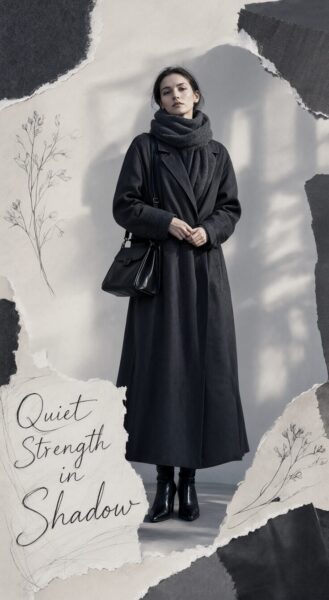 Winter Minimalist In Charcoal A woman stands in minimalist winter attire, wearing a charcoal coat and scarf against a textured backdrop with floral sketches and torn-paper effects.