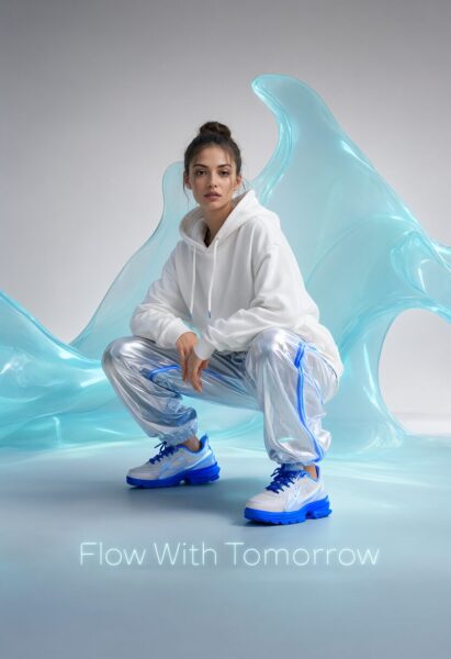 Dynamic Motion In Metallic Hues A model crouches in white hoodie and metallic silver pants against a flowing blue sculptural backdrop, wearing bold blue sneakers.