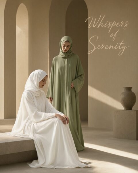 Silken Grace In Earth Tones Two women in flowing white and olive green abayas sit and stand serenely under arched stone columns bathed in soft sunlight.