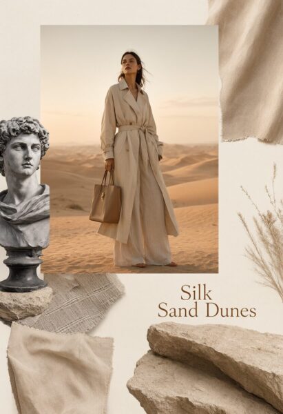 Minimalist Desert Elegance A woman stands barefoot on sand dunes wearing a beige trench coat and wide pants, holding a leather bag, surrounded by textile swatches, stones, and a classical bust.