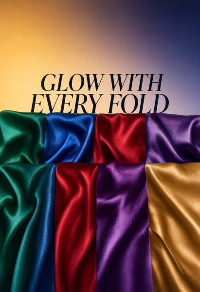 Elegant Satin Fabric Palette Elegant satin fabric swatches in green, blue, red, purple, and gold arranged vertically against a warm-to-cool gradient background.