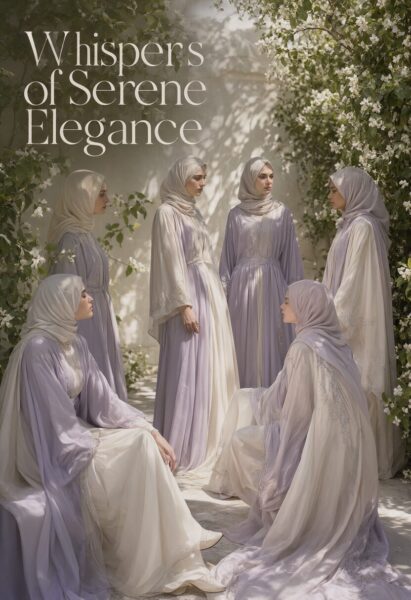 Elegant Modest Ensemble In Soft Hues Six women in flowing lavender and cream modest attire sit and stand under blooming white flowers in a serene garden setting.