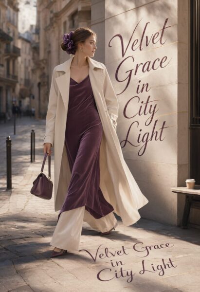Elegant Urban Purple &Amp;Amp; Sage Ensemble Elegant woman walks down cobblestone street wearing purple velvet dress under beige trench coat, holding matching handbag.