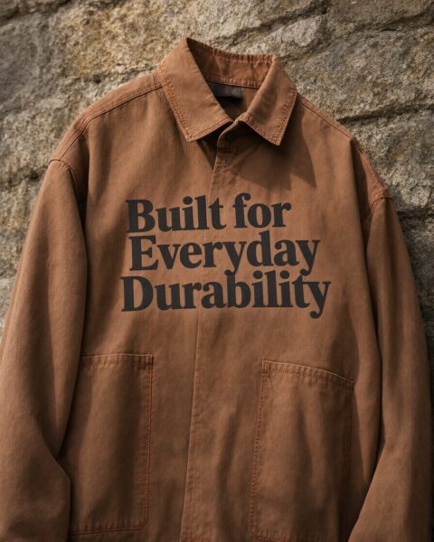 Olive Chore Jacket With Earthy Accents Brown chore-style jacket with 'built for everyday durability' printed on chest, hanging against stone wall.