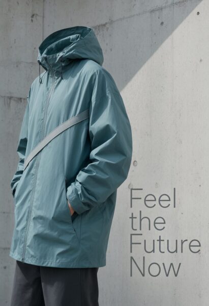 Urban Explorer In Hazy Purple Person wearing teal hooded jacket with diagonal stripe against textured concrete wall under angled sunlight.