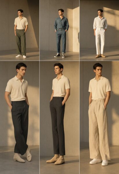 Urban Men&Amp;#8217;S Casual Style Collage Six-panel collage showcasing men modeling various casual outfits including polo shirts and trousers in beige, olive, denim, and white against sunlit concrete walls.