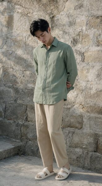Minimalist Coastal Casual Ensemble Man wearing olive green shirt and beige pants standing near textured stone wall in sandals.