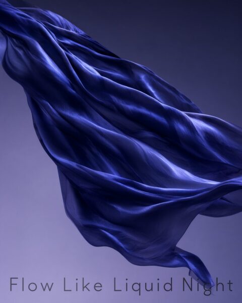 Ethereal Sapphire Silk Drapes Ethereal sapphire silk drapes flowing gracefully against a gradient purple backdrop, evoking liquid night ambiance.