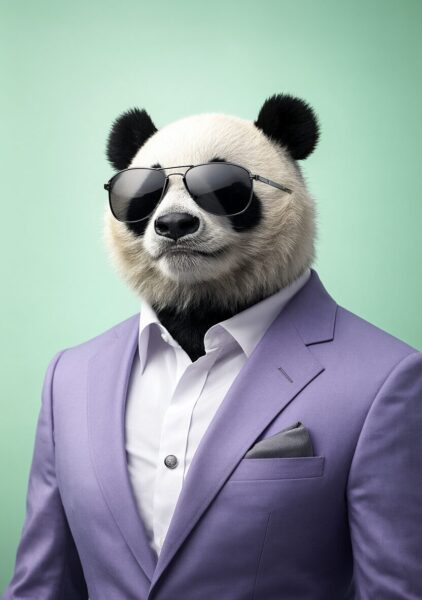 Chic Panda In Lavender Suit Chic panda wearing sunglasses and lavender suit against mint green backdrop.