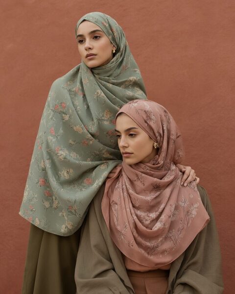 Elegant Floral Hijabs In Soft Earth Tones Two women wear flowing floral hijabs in muted green and dusty rose tones against a terracotta-colored wall.