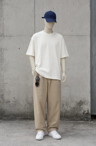 Minimalist Urban Casual Ensemble Mannequin wearing white oversized tee, beige wide-leg pants, blue cap, and white sneakers against concrete wall.