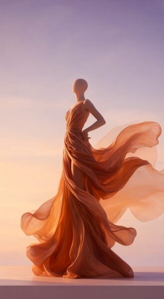Ethereal Drift In Soft Amber A headless mannequin in an amber gown stands on a platform, its fabric billowing dramatically against a soft purple and orange sky.