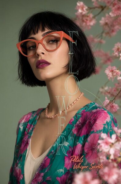 Bold Bloom Portrait A woman with short black hair wears orange glasses and floral print top against soft green backdrop with pink blossoms.