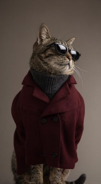 Sleek Feline In Autumn Coat Tabby cat wearing burgundy coat, grey turtleneck, and black sunglasses against neutral background.