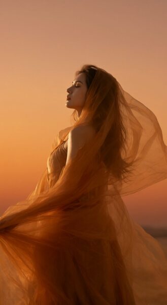 Whispering Veil In Amber Light A woman in an amber-hued flowing gown stands with eyes closed as wind lifts her veil and hair against a warm-toned sunset backdrop.