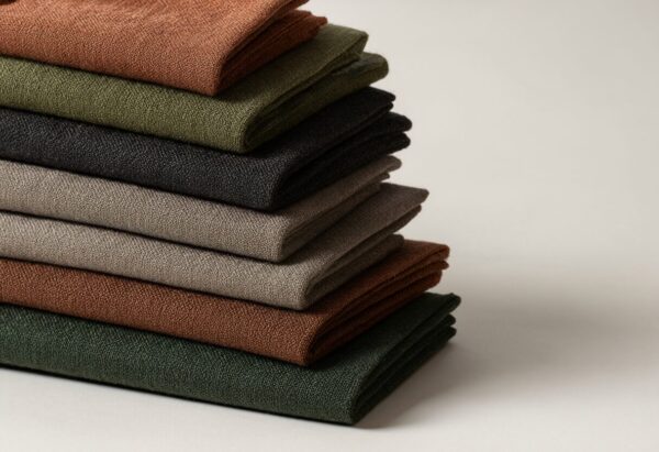 Textured Fabric Swatches In Earth Tones Stacked folded fabric swatches in warm earth tones including rust, olive, charcoal, taupe, and forest green on a neutral background.