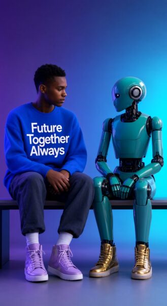 Futuristic Bond In Neon Hues A young man in a blue 'future together always' sweater sits beside a teal robot on a bench under neon purple and blue lighting.