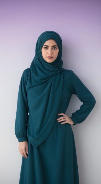 Elegant Modest Muse In Earth Tones A woman wearing an elegant teal hijab and matching long-sleeve dress stands confidently against a soft purple-to-white gradient wall.