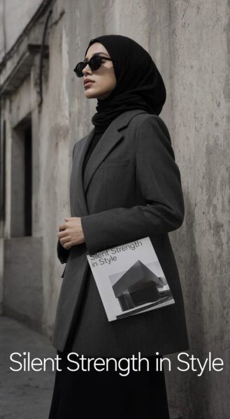 Elegant Modest Urban Stylist Elegant woman wearing black hijab and coat, holding a magazine titled 'silent strength in style', standing against urban concrete wall.