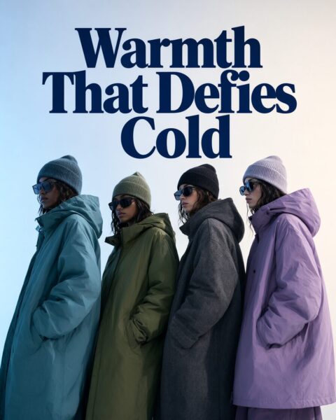 Four Models In Bold Winter Coats Four models stand side by side wearing bold winter coats in teal, olive, gray, and lavender under a clear sky.