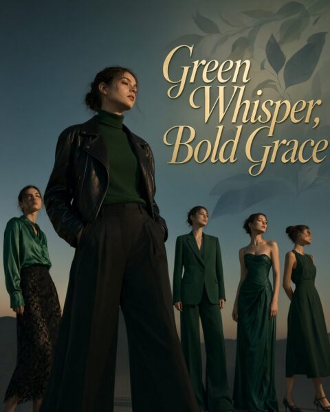 Emerald Elegance Autumn/Winter Runway Five women pose in emerald green outfits against a twilight sky, showcasing elegant autumn/winter fashion with bold grace.