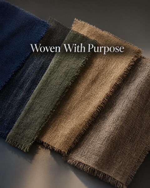 Textured Fabric Swatches Display Four textured fabric swatches in navy, olive, beige, and brown arranged diagonally with frayed edges on a dark surface.