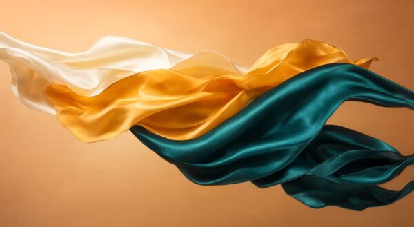 Elegant Draping Silks In Warm Hues Elegant flowing silk fabric in cream, gold, and teal hues gracefully draped against a warm orange backdrop.