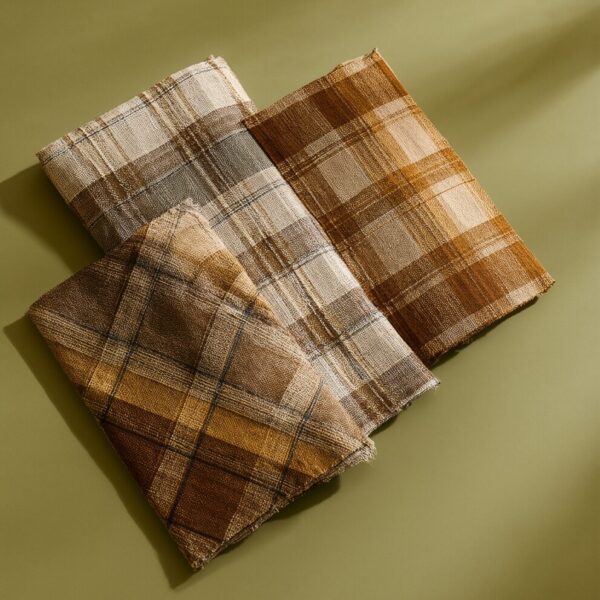 Modern Plaid Swatches In Earth Tones Three folded plaid fabric swatches in brown, beige, and cream tones against an olive green surface.