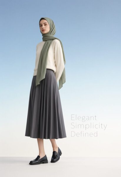Serene Modest Elegance In Soft Blue A woman wearing a green hijab, cream sweater, grey pleated skirt, and black loafers stands against a soft blue-to-white gradient background.