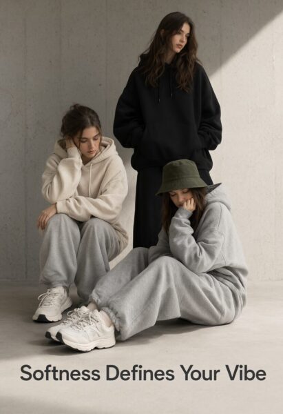 Three Models In Oversized Hoodie Ensemble Three women in oversized hoodies and sweatpants pose casually against a concrete wall, wearing white sneakers and soft neutral tones.