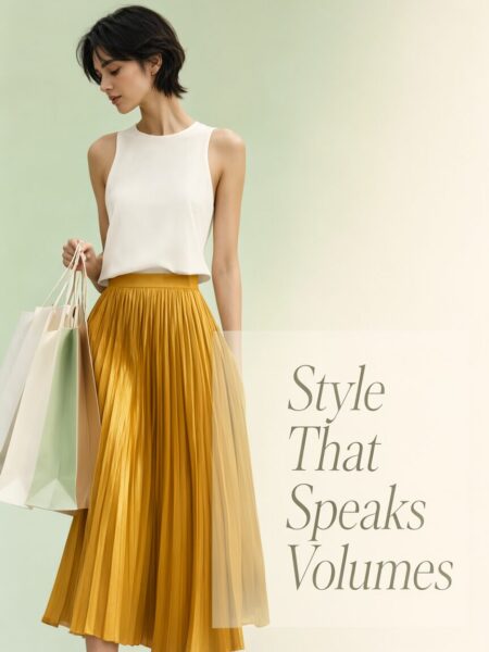 Confident Shopper In Citrine Pleats Confident shopper with short dark hair wears white top and flowing citrine pleated skirt, holding shopping bags against a soft green backdrop.