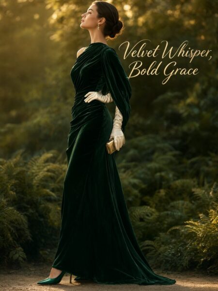 Emerald Velvet Dress With Silk Gloves A woman in an emerald velvet gown with white gloves stands gracefully in a sunlit forest path.