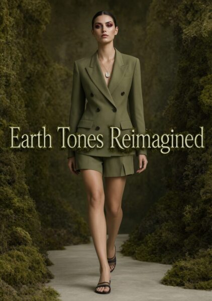 Olive Green Tailored Ensemble A woman walks down a moss-lined path wearing an olive green tailored suit with matching shorts and black sandals.