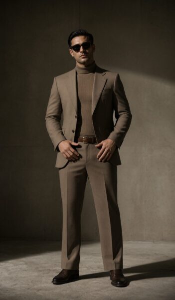 Modern Olive Suit With Confident Pose Man wearing an olive brown suit over turtleneck, standing confidently in dimly lit concrete room.