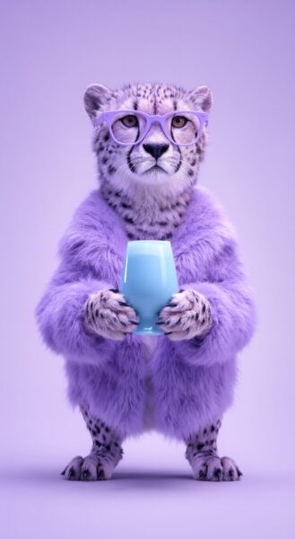 Chic Cheetah In Lavender Coat A snow leopard wearing purple glasses and a fluffy lavender coat holds a light blue mug against a solid purple backdrop.