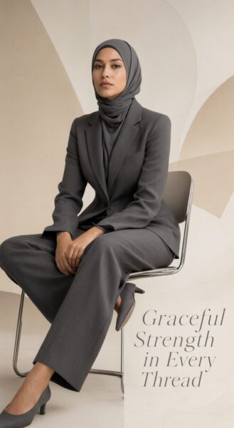 Elegant Green Modest Power Suit A woman wearing a grey modest power suit and hijab sits elegantly on a chair against a beige abstract background.