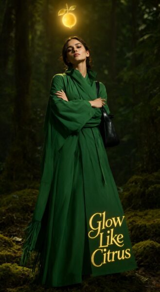 Emerald Glow Ensemble A woman in an emerald green robe stands in a forest, with glowing citrus fruit above her head and 'glow like citrus' written on the hem.