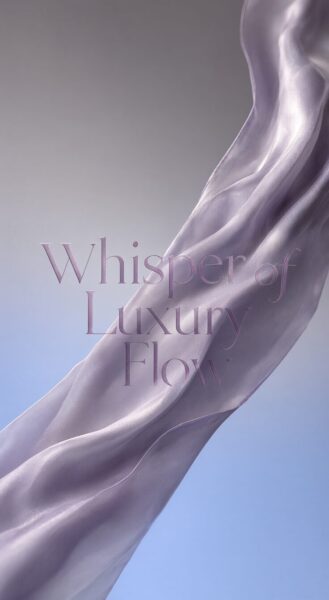 Ethereal Silk Scarf Draping Gracefully Ethereal lavender-gray silk scarf drapes gracefully against a soft gradient sky background.