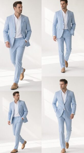 Summer Suit Ensemble Collection A man models a light blue summer suit with white shirt and tan loafers in bright minimalist studio settings across four different poses.