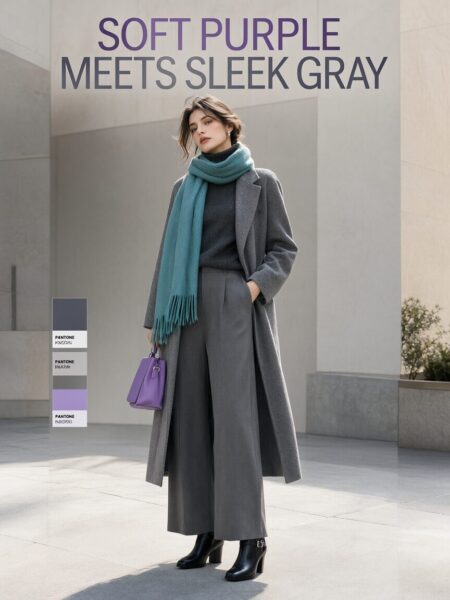 Lavender Accents In Urban Gray A woman stands outdoors wearing a gray coat, wide-leg pants, and black boots, accented by a teal scarf and a lavender handbag against a modern urban backdrop.